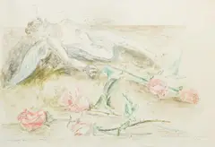 Drewniany aniołek i róże by Maja Berezowska, akwarela, gwasz, tusz, papier, sold Sep 2024