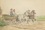 Karol Kossak, Para jadąca furmanką, akwarela, papier