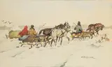 Karol Kossak, Sanie na drodze, akwarela, papier
