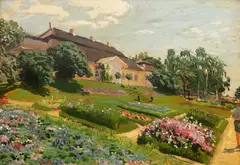 Józef Mehoffer, Jankówka, przed 1913, Inne tytuły: Widok wiosenny z Jankówki, Pejzaż I, Dworek olej, tektura