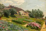 Józef Mehoffer, Jankówka, przed 1913, Inne tytuły: Widok wiosenny z Jankówki, Pejzaż I, Dworek olej, tektura
