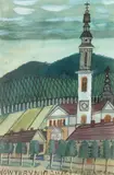 Nikifor Krynicki, Pejzaż z kościołem, akwarela, papier