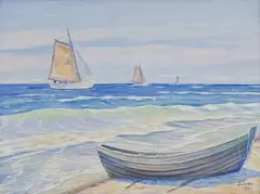 Soter Jaxa-Małachowski, Żaglówki u brzegu, 1921, 1921, akwarela, gwasz, papier
