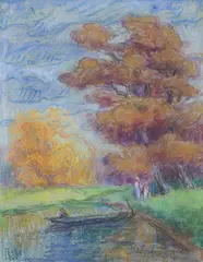 Pejzaż jesienny z rzeką, 1948 by Jan Peszke, 1948, pastel, papier, sold Jul 2024