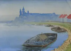 Ludwik Leszko, Widok na Wawel, akwarela, gwasz, papier naklejony na tekturę, 24