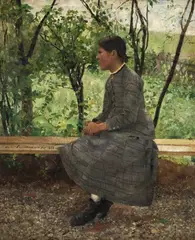 Wacław Szymanowski, Dziewczyna w ogrodzie (Dziewczyna wśród zieleni), 1882 r., 1882, olej, deska