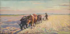 Kazimierz Lasocki, Orka wołami, 1926 r., 1926, olej, tektura, 28