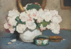 Alfons Karpiński, Białe róże, olej, tektura, 34
