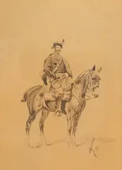 Wojciech Kossak, Ułan na koniu, 1899 r., 1899, tusz, papier, 21