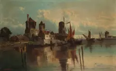 Karl Kaufmann, Pejzaż portowy, olej, płótno