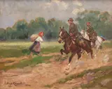 Spotkanie, 1928 r. by Jerzy Kossak, 1928, olej, płótno naklejone na tekturę, 39, sold May 2024