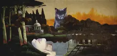 Władysław Hasior, Scena w parku, 1986, 1986, technika własna, asamblaż, druk barwny, lustro, olej, sklejka