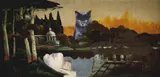 Władysław Hasior, Scena w parku, 1986, 1986, technika własna, asamblaż, druk barwny, lustro, olej, sklejka