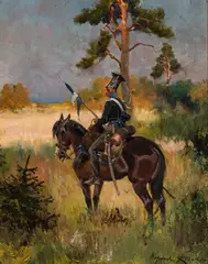 Wojciech Kossak, Ułan Księstwa Warszawskiego na widecie, olej, tektura