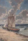 Łodzie na brzegu, 1950 r. by Eugeniusz Dzierżencki, 1950, olej, płótno, 49, sold Mar 2024