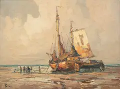 Przy brzegu by Rudolf Priebe, olej, płótno, 60, sold Mar 2024