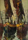 Rudolf Priebe, Łodzie i Akt (praca dwustronna), olej, sklejka