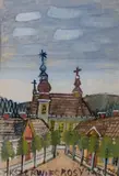 Pejzaż z kościołem by Nikifor Krynicki, akwarela, gwasz, papier, sold Mar 2024