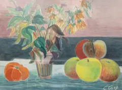 Esther Carp, Martwa natura z jabłkamii bukiet kwiatów, akwarela, papier