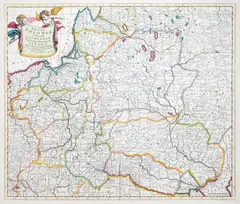 Justus Danckerts, Regni Poloniae et Ducatus Lithuaniae…, Mapa ziem Rzeczpospolitej, wyd. Justus Danckerts I, Amsterdam, ok. 1700 miedzioryt kolorowany w epoce