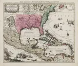Matthäus Seutter, Mappa geographica Regionem Mexicanam et Floridam…, Mapa Ameryki Północnej od Quebecu do Zatoki Meksykańskiej, Augsburg 1730 miedzioryt kolorowany, 49