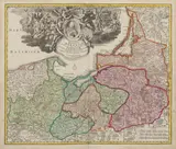 Johann Baptist Homann, Regnum Borussiae gloriosis auspicijs…, Mapa Prus pochodząca z „Atlas Novus Terrarum Orbis Imperia…”, Norymberga 1710-1730; w kartuszu portret króla Fryderyka III miedzioryt kolorowany w epoce