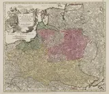 Johann Baptist Homann, Regni Poloniae Magnique Ducatus9 Lithuaniae, Mapa ziem Rzeczpospolitej po 1715 r., stan trzeci z trzeciej płyty, wyd. Spadkobiercy Homanna, Norymberga po 1729 miedzioryt kolorowany, 49