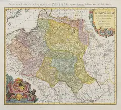 Tobias Mayer, Mappa Geographica Regni Poloniae…, Mapa ziem Rzeczpospolitej, stan pierwszy z trzeciej płyty, wyd. Spadkobiercy Homanna, Norymberga 1757 miedzioryt kolorowany