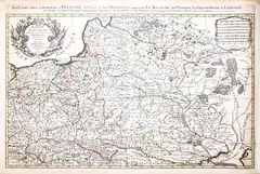Alexis-Hubert Jaillot Guillaume Sanson, Estats de Pologne subdivises suivant l'estendue des Palatinats, Mapa ziem Rzeczpospolitej pochodząca z “Atlas Nouveau”, stan piąty, wyd. Pieter Mortier, Amsterdam, 1711 miedzioryt kolorowany liniowo, 58