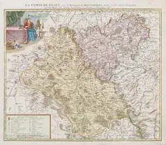 Tobias Meyer, Comitatus Glaciensis Tabula Geogr., Mapa Hrabstwa Kłodzkiego, Spadkobiercy Homanna, Norymberga 1750 miedzioryt kolorowany, 50