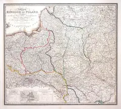William Faden, A Map of the Kingdom of Poland, describing its ancient limits…, Mapa ziem Rzeczpospolitej pochodząca z “A New General Atlas of Modern Geography”, stan jedenasty, wyd. James Wyld II, Londyn, 1843 u dołu plan Warszawy miedzioryt kolorowany liniowo, 55