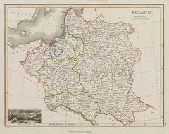 James Wyld I, Poland, Mapa ziem Rzeczpospolitej pochodząca z „General Atlas”, wyd. John Thomson, Edynburg 1819; w lewym dolnym rogu widok Gdańska miedzioryt kolorowany liniowo w epoce, wym. mapy 22