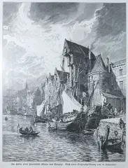 Gustav Schönleber, Im Hafen einer Hansastadt (Motiv aus Danzig), Długie Pobrzeże w Gdańsku, ok. 1890 drzeworyt sztorcowy