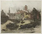 Luigi Kasimir, Widok na Motławę z wyspy Ołowianka w Gdańsku, 1 poł. XX w., akwaforta, akwatinta barwna, 41