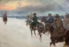 Jerzy Kossak, Odwrót Napoleona spod Moskwy, 1927 r., 1927, olej, płótno, 94