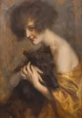 Tadeusz Styka, Portret kobiety z psem, olej, tektura