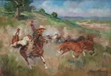 Chwytanie mustangów by Jerzy Kossak, olej, tektura, sold Feb 2024