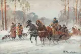 Na polowaniu by Władysław Chmieliński, olej, tektura, 17, sold Feb 2024