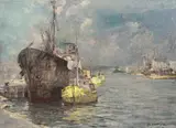 Marian Mokwa, W porcie, l. 50. XX w., olej, płótno