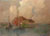 Rudolf Priebe, Pejzaż z łodziami, olej, tektura, 49
