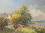Stanisław Jan Łazorek, Chata nad wodą, 1990 r., 1990, olej, płótno
