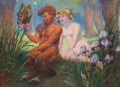 Satyr i nimfa by Stefan Matejko, olej, tektura, sold Feb 2024