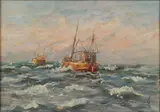 Kutry na morzu by Eugeniusz Dzierżencki, olej, płótno, sold Feb 2024