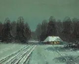 Wiktor Korecki, Chata zimą, olej, płótno, 51