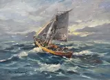Łódź na morzu by Eugeniusz Dzierżencki, olej, płyta, sold Sep 2023