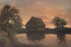 Zachód słońca nad młynem by Wiktor Korecki, olej, tektura, sold Sep 2023