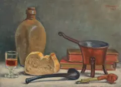 Jakub Markiel, Fajki, książki i mały kieliszek alkoholu, 1985 r., 1985, olej, płótno