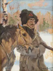 Bolszewik z koniem, 1924 r. by Jerzy Kossak, 1924, olej, płótno, sold Dec 2023