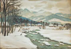 Potok górski z Giewontem w tle by Mieczysław Filipkiewicz, gwasz, papier, sold Dec 2023