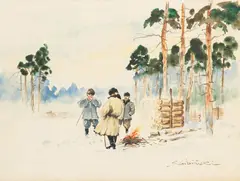 Stanisław Gibiński, Przy ognisku, akwarela, papier, 35